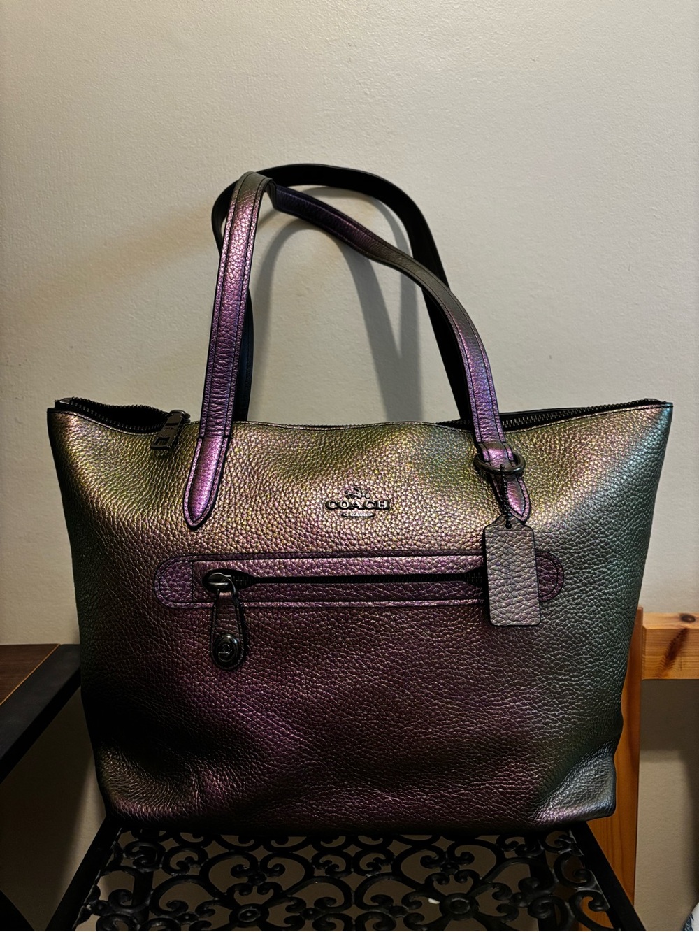 Coach Iridescent Pebbled Leather Tote — Purple and Green Shift